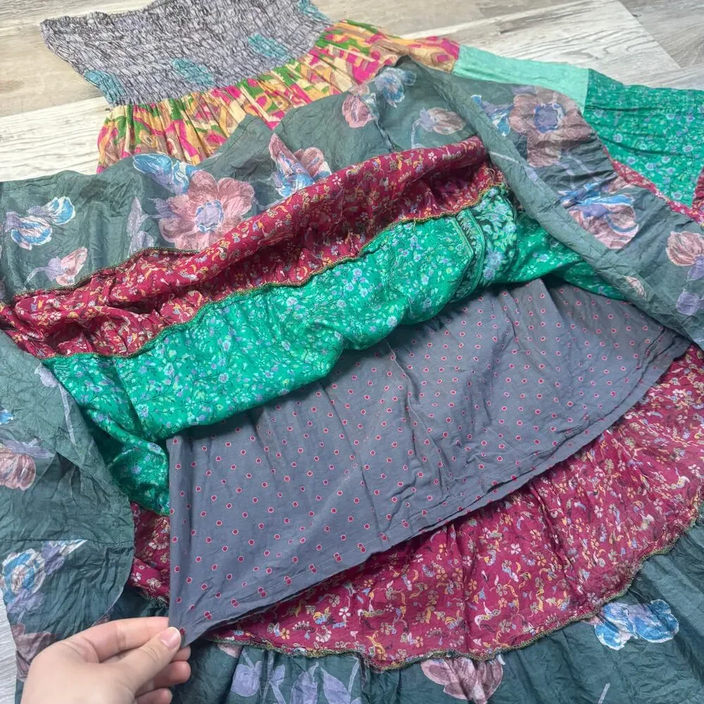 Vintage 90s Patchwork Silk Smocked Midi Dress Boho Fairycore Festival Y2K Medium